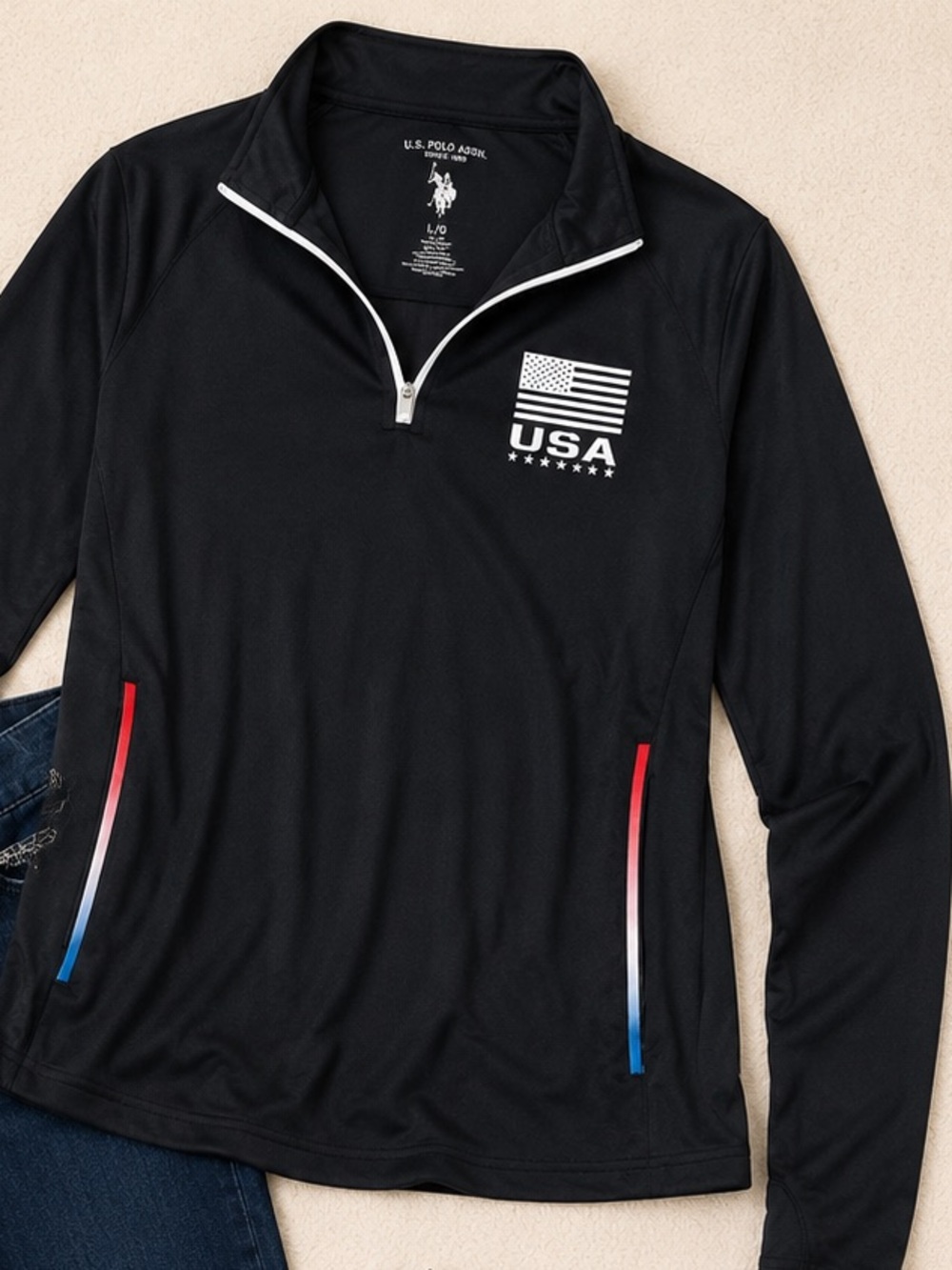 USA Flag Quarter Zip Athletic Pullover Black Long Sleeve Activewear Large